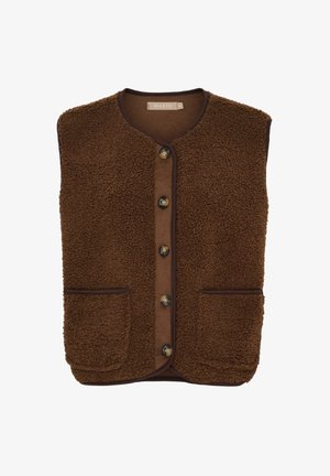 Brun fleecevest med rund halsudskæring, knaplukning foran og to store lommer, afsluttet med mørkebrun kant langs kanterne.
