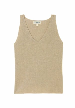 Beige gestricktes Tanktop mit tiefem V-Ausschnitt, ohne Ärmel und mit strukturiertem Muster. Verfügt über ein Etikett am Ausschnitt.