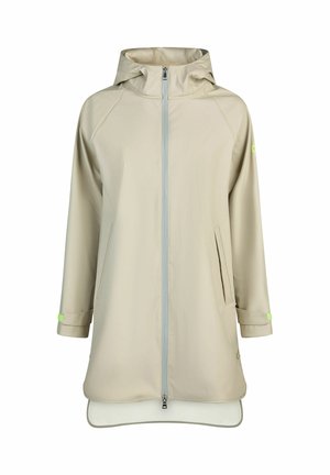 Beige knee-length hooded raincoat with front zipper, two side pockets, and adjustable cuffs with neon green accents.
