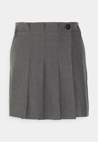 Jupe plissée gris foncé avec une taille haute, des passants pour ceinture et une fermeture à bouton noir sur le côté.
