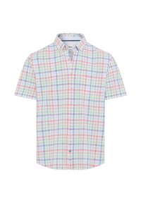 Camicia a maniche corte con bottoni in un motivo a quadri multicolore (rosso, verde, blu, bianco). Realizzata in tessuto leggero con colletto classico.