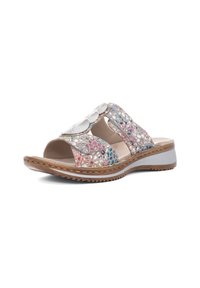 Open-toe sandal in metallic silver and pastel hues. Features cut-out patterns, a cushioned insole, and a low, textured wedge heel.