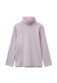 Helllila Langarm-Turtleneck-Shirt mit umgeschlagenem Kragen und kleinem Logo nahe dem unteren Saum auf weißem Hintergrund.