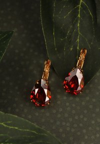 Goudkleurige oorbellen met druppelvormige rode kristallen, met gefacetteerde details en een clip-on ontwerp, tegen een donkere bladeren achtergrond.