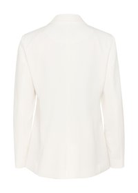 Witte blazer met een getailleerde pasvorm, klassieke reverskraag, lange mouwen en een gladde textuur. Effen achterkant zonder zichtbare hardware of details.