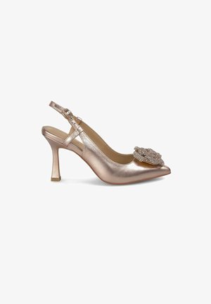 Rose gold slingback heel made of metallic leather. Features a pointed toe and a fabric flower accent with beading on the front.