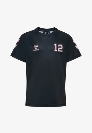 Zwarte sportshirt met korte mouwen, nummer 12 in roze op de voorkant, roze chevronpatroon op de mouwen en logo aan de linkerkant.