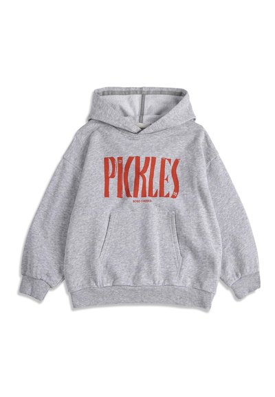 Sudadera con capucha para niños de color gris claro con bolsillo delantero y texto rojo "PICKLES" y logo más pequeño "BOBO CHOSES" en el pecho, mangas largas y puños acanalados.