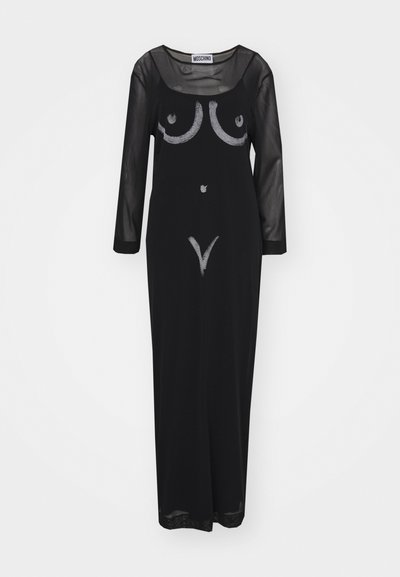 Sort maxikjole med lange, gennemskinnelige ærmer, der har et frontalt grafisk design af sølvfarvede konturer, der repræsenterer en torso. Letvægtsmateriale.