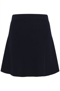 Tumesinine A-lõikega seelik, sileda tekstuuriga, elastse vöökohaga ning ilma nähtavate mustrite või detailideta. Sobib igapäevaseks kandmiseks või kihiliseks riietuseks.