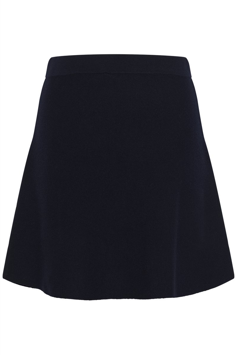 Jupe trapèze bleu marine avec une texture lisse, taille élastique et sans motifs ni accessoires visibles. Convient pour une tenue décontractée ou pour superposer.