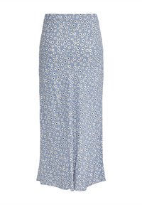 Jupe midi bleu clair avec un petit motif floral blanc et noir et un ourlet légèrement évasé.