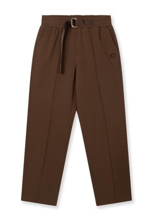 Pantalon en mélange de coton marron avec une ceinture élastique et une ceinture, doté de poches avant et de détails cousus le long des jambes.