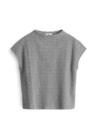 Haut en tricot gris à manches courtes présentant un motif texturé, un col rond et une coupe décontractée. Design simple sans matériel ni accents visibles.
