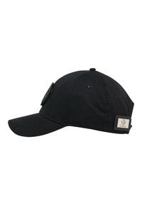 Black cap featuring a curved brim, textured fabric, and a round logo patch on the side with a rectangular metallic accent near the rear.