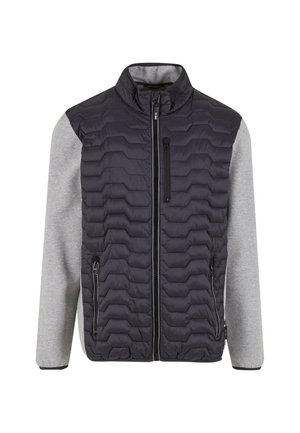 Gevoerde jas met een zwarte gewatteerde bovenkant en grijze mouwen, voorzien van een hoge kraag en ritszakken aan de voorkant.