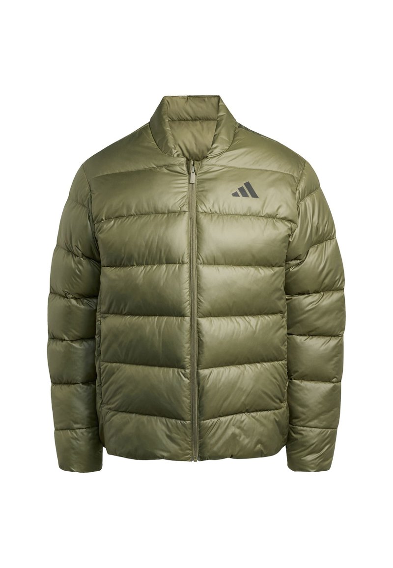 Chaqueta acolchada verde oliva con cuello alzado, cierre de cremallera, costuras horizontales y logo negro en el lado izquierdo del pecho. Tejido suave y brillante.