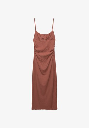 Midi sukienka w kolorze rdzy z regulowanymi cienkimi ramiączkami, teksturowanym materiałem oraz drapowaną konstrukcją, z dopasowanym topem i luźną spódnicą.