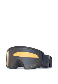 Czarne gogle narciarskie z soczewką o bursztynowym zabarwieniu i regulowanym paskiem, oznaczone jako "Topaz S1", zaprojektowane do sportów zimowych na zewnątrz.