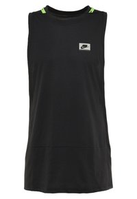 Mustaton urheilullinen hihaton paita, jossa on pieni valkoinen ja musta logo rintaan painettuna sekä vihreät yksityiskohdat olkasaumoissa.