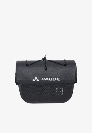 Sacoche de guidon de vélo Vaude noire avec poche avant en filet et cordon élastique sur le dessus, étiquetée avec le texte "Recycled Inside".