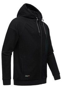 Felpa nera con cappuccio, superficie texturizzata, chiusura a zip, con stringhe e tasche laterali. Presenta un cappuccio regolabile e polsini a coste.