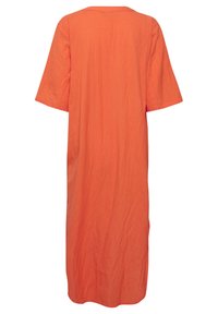 Orange linneklänning med korta ärmar och lös passform. Baksidan har en enkel halsringning och en rak siluett.