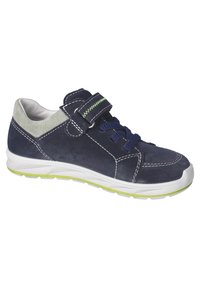 Navy suede sneaker featuring a hook-and-loop strap, contrasting white stitching, blue laces, and a green-accented outsole.