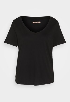Schwarz Baumwoll-T-Shirt mit V-Ausschnitt, kurzen Ärmeln und normaler Passform. Verfügt über einen gestickten Saum und ein Etikett mit dem Markennamen Anna Field.