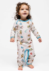 Long-sleeve pajamas made of soft fabric, featuring a light beige background with colorful patterns of gingerbread men and candy canes, and blue trim.
