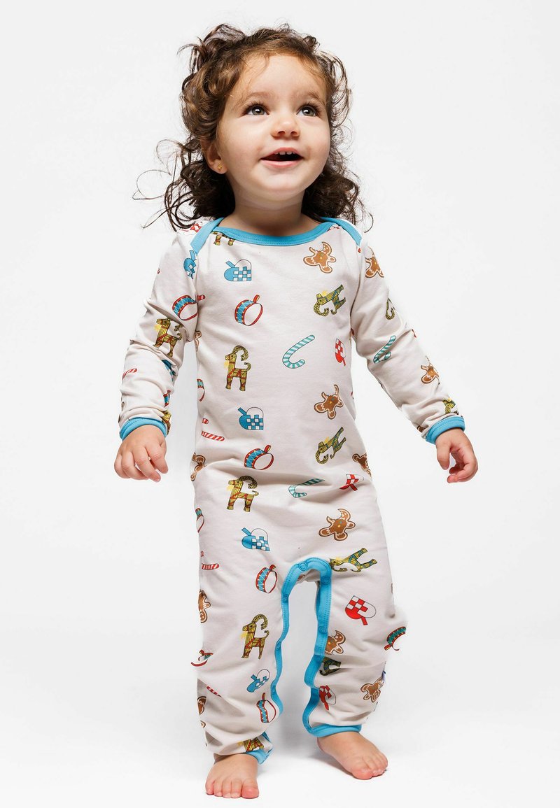 Long-sleeve pajamas made of soft fabric, featuring a light beige background with colorful patterns of gingerbread men and candy canes, and blue trim.