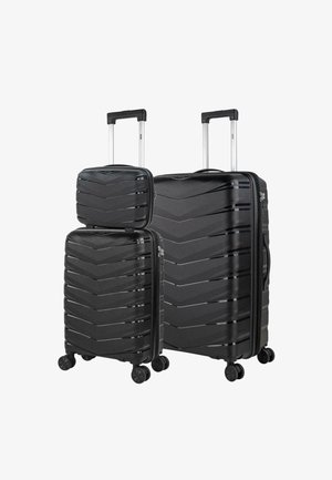 Juego de equipaje rígido negro con patrón de chevron, que incluye dos piezas: un equipaje de mano y una maleta más grande. Ambas cuentan con asas retráctiles y ruedas.