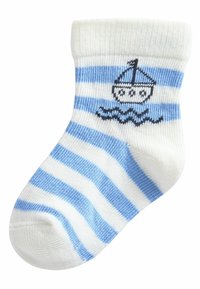 Calcetines a rayas en colores azul claro y blanco, con un diseño de barco tejido y un patrón de olas. Material suave y transpirable.