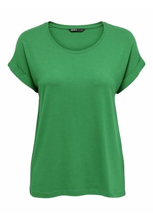 Žalias trumpas rankovėmis marškinėliai, pagaminti iš švelnios medvilnės, su apvaliu apykaklės ir suktų rankovių dizainu. Lygus tekstūra ir laisvas tinkamas.