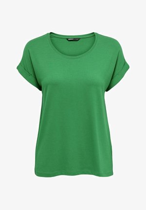 Žalias trumpas rankovėmis marškinėliai, pagaminti iš švelnios medvilnės, su apvaliu apykaklės ir suktų rankovių dizainu. Lygus tekstūra ir laisvas tinkamas.