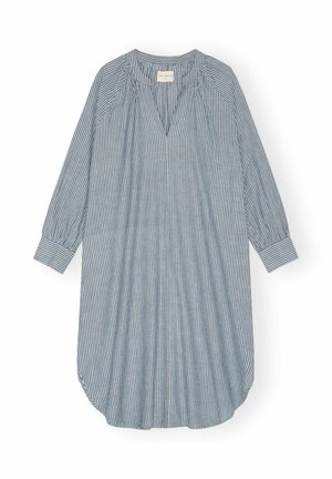 Svītraina zila un balta kokvilnas kleita ar V veida kakla izgriezumu, garām piedurknēm, savilkuma detaļām un vaļēju siluetu ar apaļu apakšu.