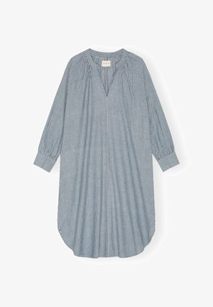 Rochie cu dungi albastre și albe din bumbac, având decolteu în V, mâneci lungi, detalii drapate și o siluetă relaxată cu tiv rotunjit.