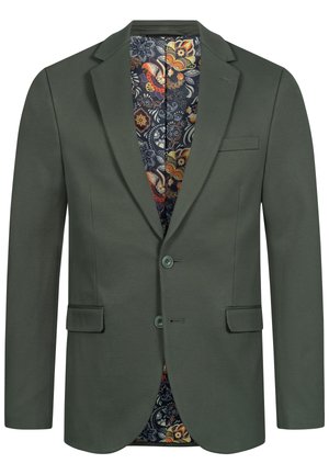 Olivengrønn herreblazer med to knapper og klaffelommer, med et fargerikt blomstermønster på det innerste fôret.