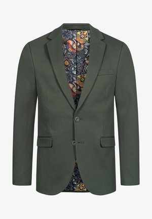 Olivengrønn herreblazer med to knapper og klaffelommer, med et fargerikt blomstermønster på det innerste fôret.