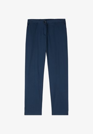 Navy blue straight-leg trousers with front button and zip closure, side pockets, and a smooth waistband.