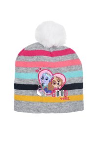 Gorro de punto gris con rayas multicolores, con un pom pom y una ilustración de dos perros de dibujos animados en forma de corazón con el texto "BUENAS VIBRAS."