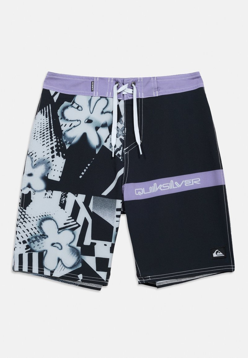 Μαύρα και λεβαντίνια βερμούδα Quiksilver με floral και γεωμετρικά σχέδια, λευκό κορδόνι και λογότυπο στο κάτω δεξί πόδι.