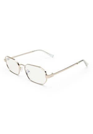 Auksiniai akinių rėmeliai su permatomais stačiakampiais lęšiais ir reguliuojamomis nosies pagalvėlėmis, padėti ant balto paviršiaus.