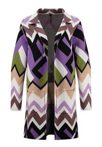 Lång cardigan i mjukt tyg med ett zigzag-mönster i lila, svart, brunt, grönt och beige. Har två framfickor.