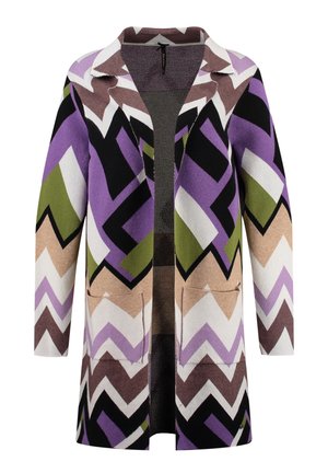 Pitkä neuletakki pehmeästä kankaasta, jossa on sahalaitakuosi purppurassa, mustassa, ruskeassa, vihreässä ja beessissä. Sisältää kaksi etutaskua.