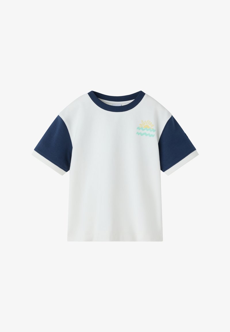 Short-sleeve white shirt with navy sleeves and collar, featuring a small sun and wave graphic on the upper left chest.