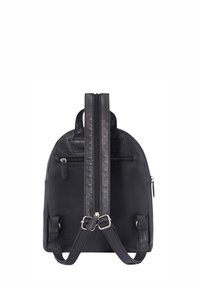 Black leather backpack with a rounded shape, dual zippers, adjustable straps, and a front pocket, featuring a textured finish.