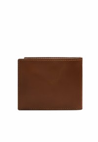 Bruine leren portefeuille met een gladde textuur, dubbelgevouwen ontwerp, zichtbare stiksels langs de randen en geen externe versieringen.