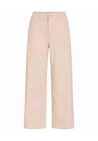 Pantalon rose pastel à taille haute, jambes larges, avec poches avant, passants pour ceinture, et fermeture par bouton argenté.