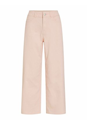 Pantalones de pierna ancha y cintura alta en rosa pastel con bolsillos delanteros, trabillas para cinturón y cierre de botón plateado.